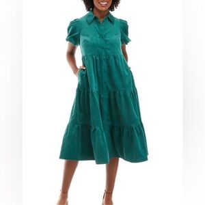 Crown & Ivy Green Corduroy Collared Puff Sleeve Midi Dress